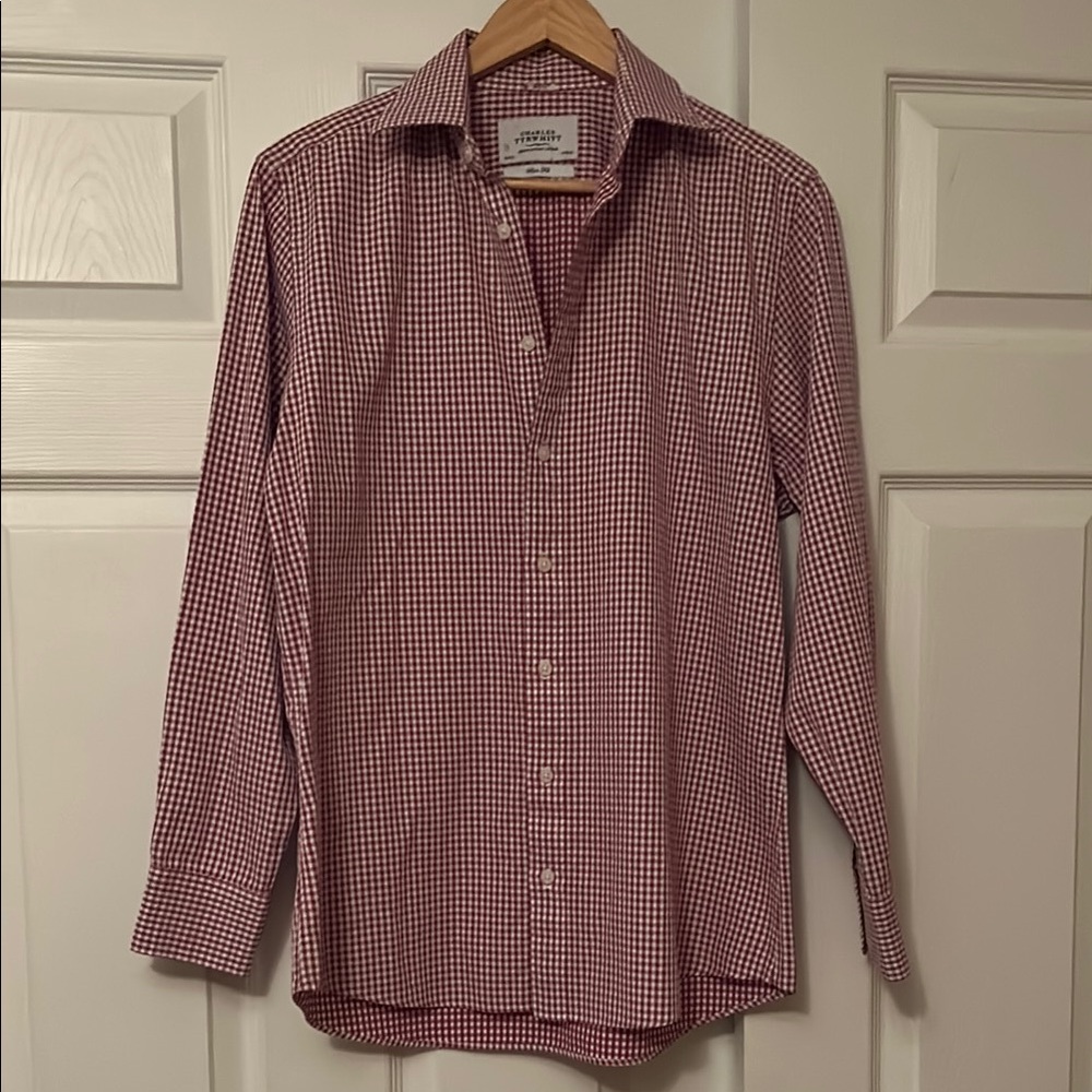 Charles Tyrwhitt Men's Red Checkered Shirt size 16/34in SLIM FIT 100% Cotton